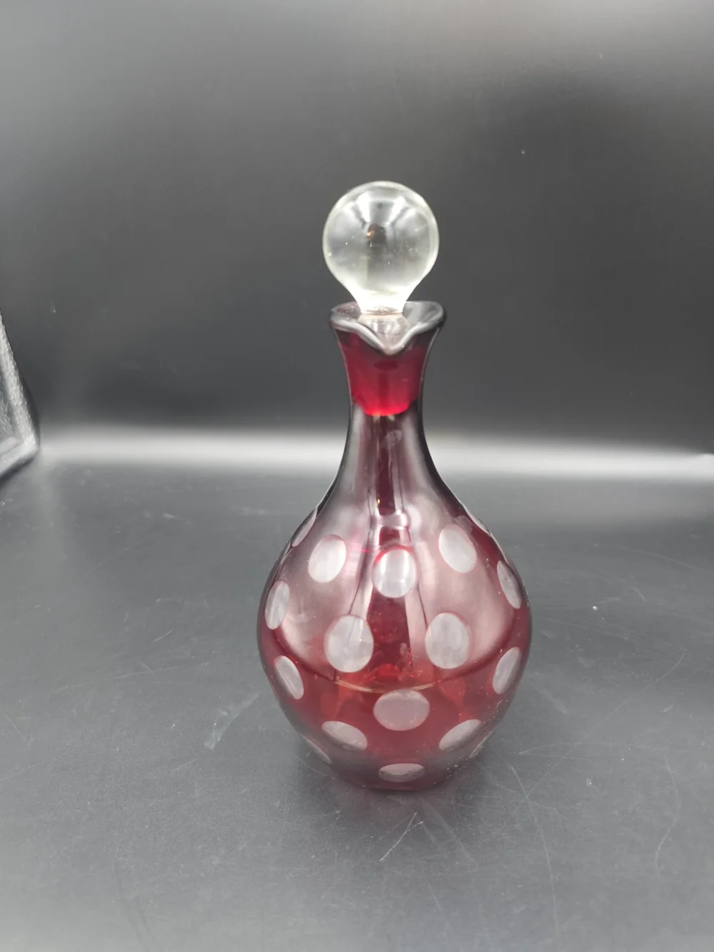 Handcrafted Ruby Red Polka Dot Glass Cruet with Clear Handle and Stopper